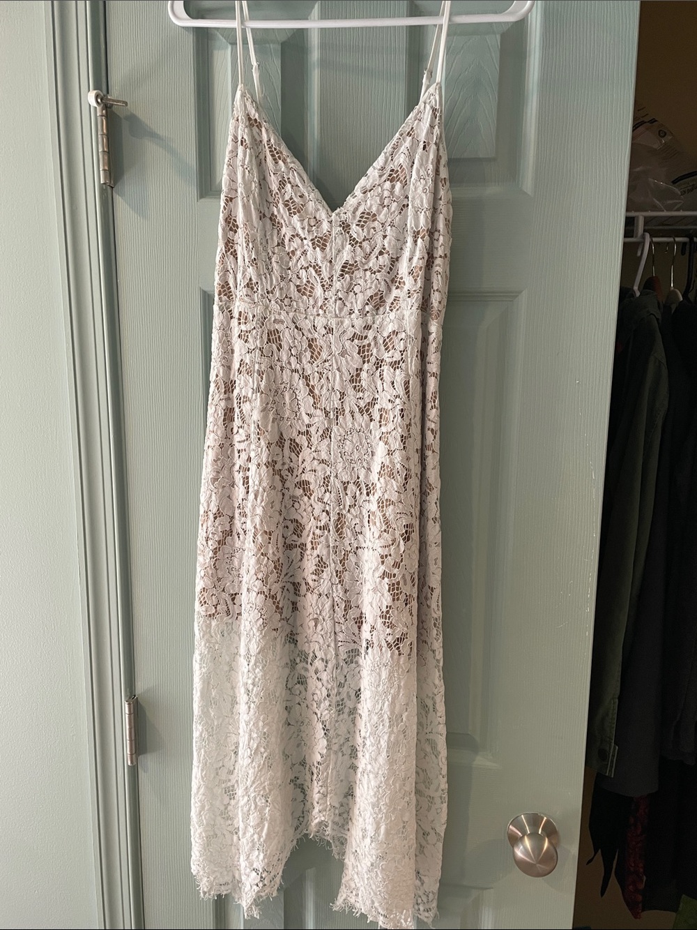 Lulu's White Lace Midi Slip Dress with Spaghetti Straps